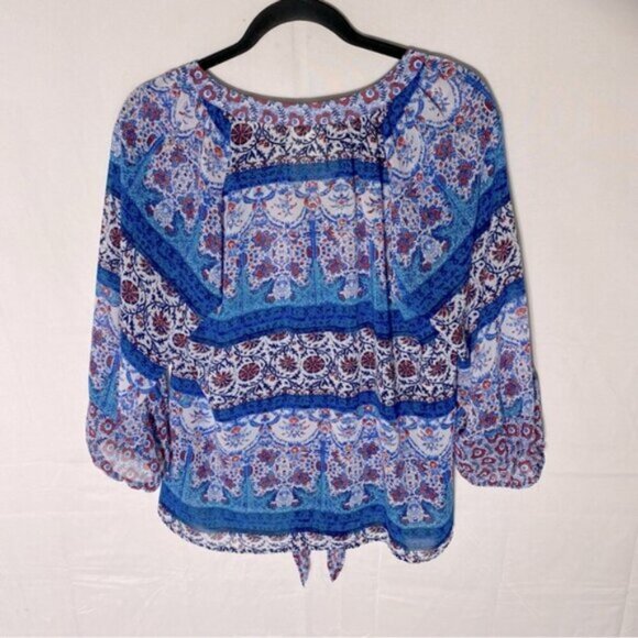 Fig And Flower Blue Red White Multi Print Boho tTie Front Semi Sheer Blouse M - Picture 14 of 15